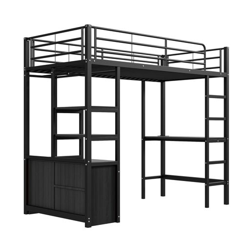 Lit Mezzanine 90x200cm En Métal, Bureau Avec Prises USB, Étagères De Rangement, Noir