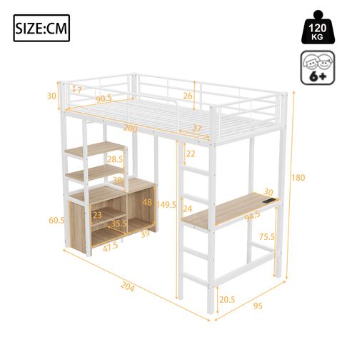 Lit Enfant Mezzanine 90x200cm Avec Bureau Intégré, Prises USB, Étagères De Rangement, Métal Blanc