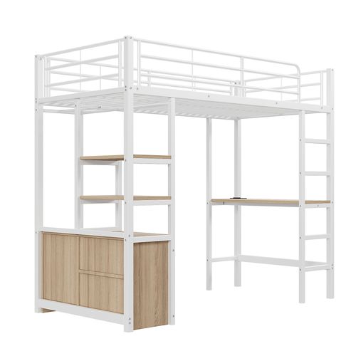 Lit Enfant Mezzanine 90x200cm Avec Bureau Intégré, Prises USB, Étagères De Rangement, Métal Blanc