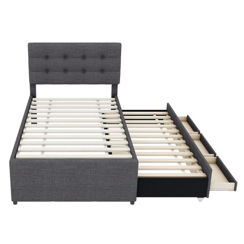 Lit Enfant 90x200cm Avec Lit Gigogne, 3 Tiroirs De Rangement, Sommiers, En Lin Gris