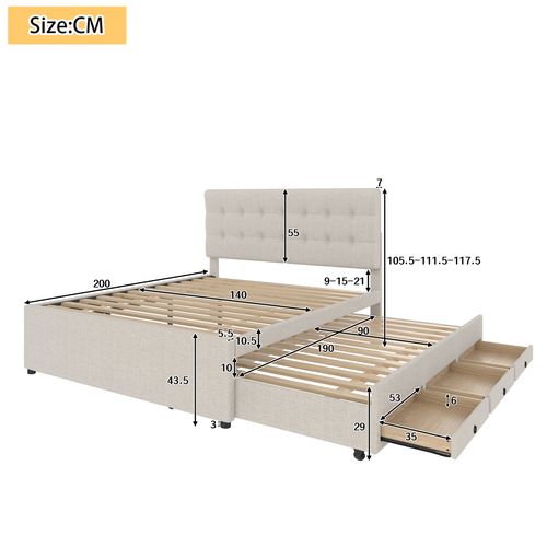 Lit Adulte 140x200cm Avec Lit Gigogne 90x190cm, 3 Tiroirs, Rangement, Lin Beige