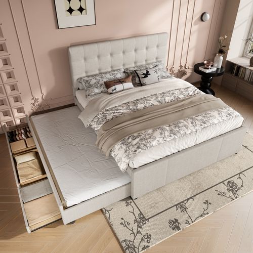 Lit Adulte 140x200cm Avec Lit Gigogne 90x190cm, 3 Tiroirs, Rangement, Lin Beige