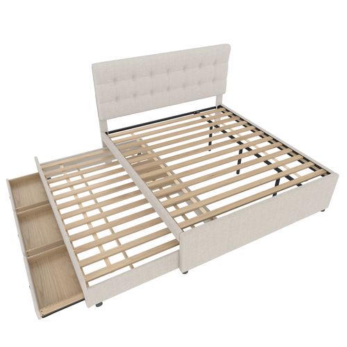 Lit Adulte 140x200cm Avec Lit Gigogne 90x190cm, 3 Tiroirs, Rangement, Lin Beige