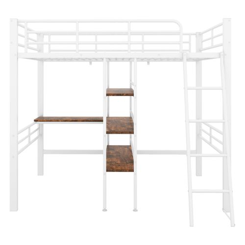 Lit Mezzanine 90x200cm En Métal, Bureau, Étagères De Rangement, Barrières De Sécutité, Blanc