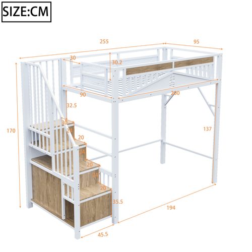 Lit Mezzanine 90x200 Cm, Escaliers Avec Rangement, Barrières Sécurisées, En Métal Blanc