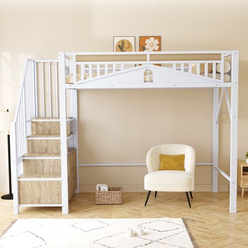 Lit Mezzanine 90x200 Cm, Escaliers Avec Rangement, Barrières Sécurisées, En Métal Blanc