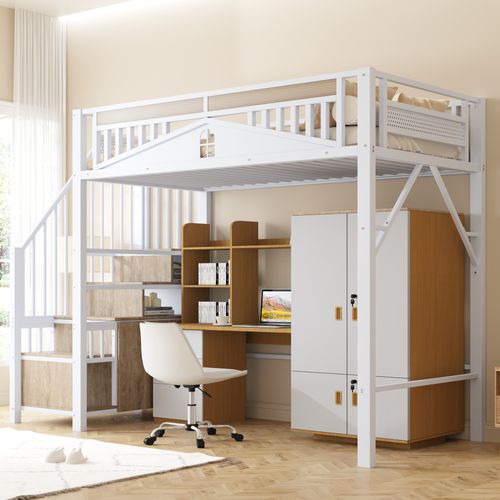 Lit Mezzanine 90x200 Cm, Escaliers Avec Rangement, Barrières Sécurisées, En Métal Blanc