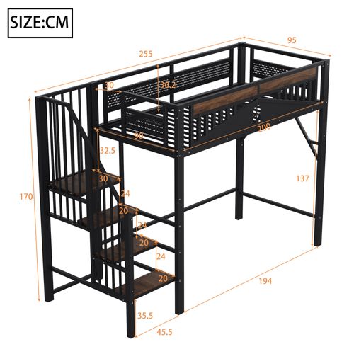 Lit Mezzanine 90x200 Cm Avec Escaliers, Barrières Sécurisées, Sommier, En Métal Noir