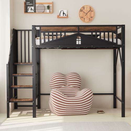Lit Mezzanine 90x200 Cm Avec Escaliers, Barrières Sécurisées, Sommier, En Métal Noir