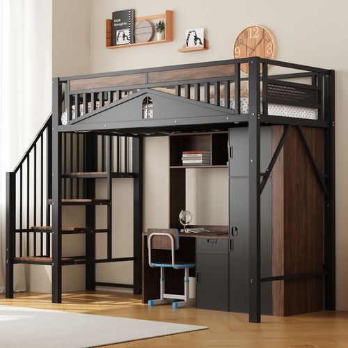 Lit Mezzanine 90x200 Cm Avec Escaliers, Barrières Sécurisées, Sommier, En Métal Noir