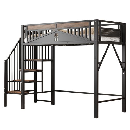 Lit Mezzanine 90x200 Cm Avec Escaliers, Barrières Sécurisées, Sommier, En Métal Noir