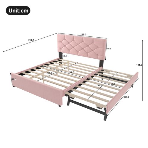 Lit Adulte 140x200 Cm Extensible, Lit Enfant Gigogne, Velours Rose, Tête De Lit Et Sommiers