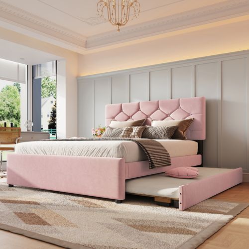 Lit Adulte 140x200 Cm Extensible, Lit Enfant Gigogne, Velours Rose, Tête De Lit Et Sommiers