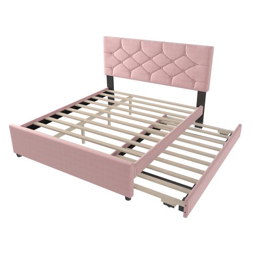 Lit Adulte 140x200 Cm Extensible, Lit Enfant Gigogne, Velours Rose, Tête De Lit Et Sommiers
