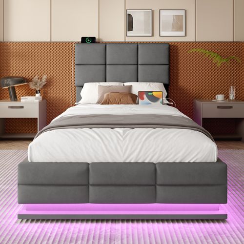Lit90x200cm,1 Place,lit Coffre,led,usb,avec Rangement,tête De Lit à Hauteur Réglable,velours,gris