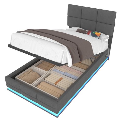 Lit90x200cm,1 Place,lit Coffre,led,usb,avec Rangement,tête De Lit à Hauteur Réglable,velours,gris