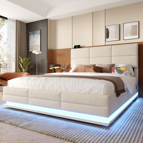 Lit140x200,2 Places,lit Coffre,led,usb,avec Rangement,tête De Lit à Hauteur Réglable,velours,beige