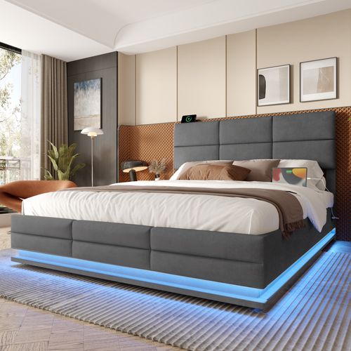 Lit140x200,2 Places,lit Coffre,led,usb,avec Rangement,tête De Lit à Hauteur Réglable,velours,gris