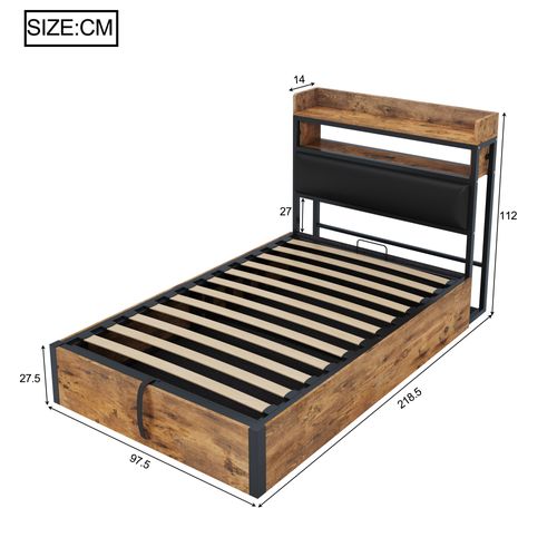 Lit Coffre Enfant 90x200 Cm Tête De Lit Avec Rangement Et Ports USB Intégrés, Étagères, Bois Et Noir