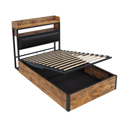 Lit Coffre Enfant 90x200 Cm Tête De Lit Avec Rangement Et Ports USB Intégrés, Étagères, Bois Et Noir