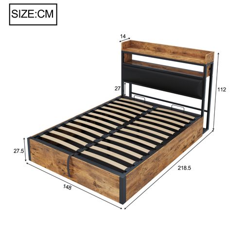Lit Coffre Adulte 140x200 Cm Tête De Lit Avec Rangement Et Ports USB Intégrés, Bois Et Noir