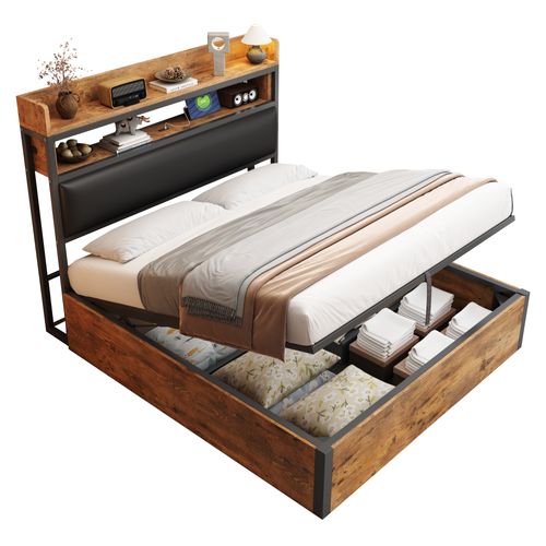 Lit Coffre Adulte 140x200 Cm Tête De Lit Avec Rangement Et Ports USB Intégrés, Bois Et Noir