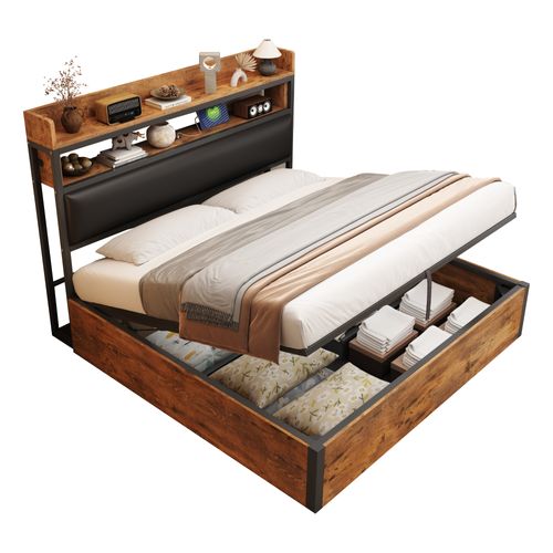 Lit Coffre 180x200 Cm 2 Places, Rangement, Tête De Lit Avec Ports USB Et Étagères, Bois Et Noir