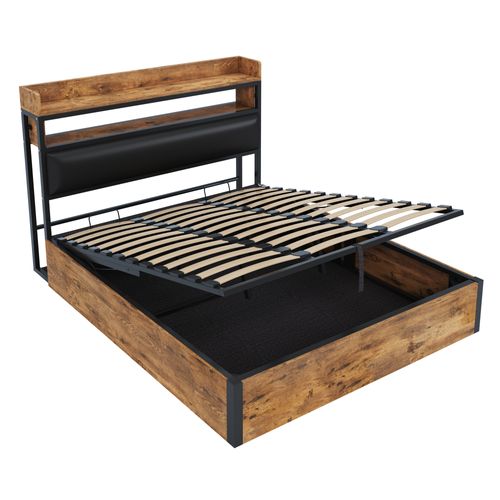 Lit Coffre 180x200 Cm 2 Places, Rangement, Tête De Lit Avec Ports USB Et Étagères, Bois Et Noir