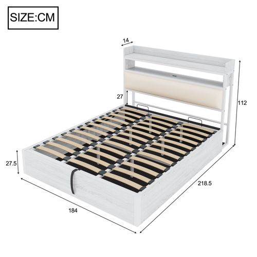 Lit Coffre Adulte 180x200 Cm Avec Rangement, Ports USB Et Étagères, Sommier Inclus, Blanc