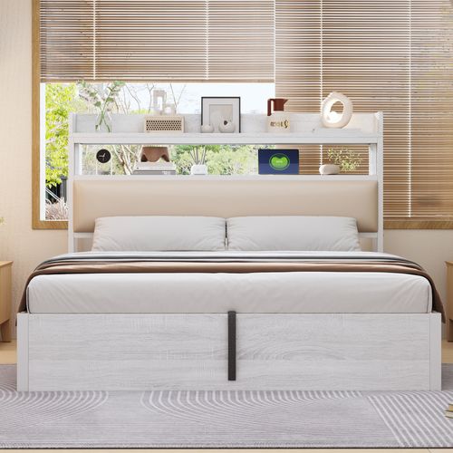 Lit Coffre Adulte 180x200 Cm Avec Rangement, Ports USB Et Étagères, Sommier Inclus, Blanc