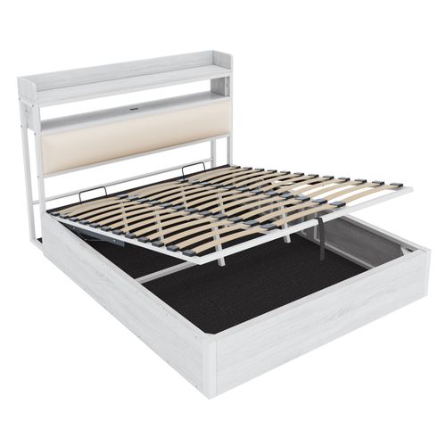 Lit Coffre Adulte 180x200 Cm Avec Rangement, Ports USB Et Étagères, Sommier Inclus, Blanc