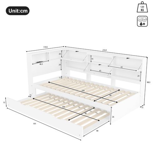 Lit Enfant Gigogne 90x200 Cm, Rangements Ouverts Et Fermés, Ports USB, Sommiers, Bois De Pin Blanc