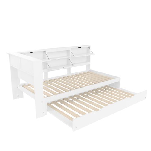 Lit Enfant Gigogne 90x200 Cm, Rangements Ouverts Et Fermés, Ports USB, Sommiers, Bois De Pin Blanc