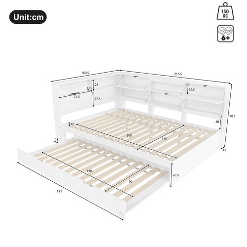 Lit Adulte 140x200 Cm Avec Lit Gigogne, Rangements Ouverts Et Fermés, Ports USB, Bois De Pin Blanc