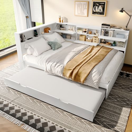 Lit Adulte 140x200 Cm Avec Lit Gigogne, Rangements Ouverts Et Fermés, Ports USB, Bois De Pin Blanc