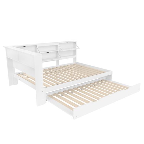 Lit Adulte 140x200 Cm Avec Lit Gigogne, Rangements Ouverts Et Fermés, Ports USB, Bois De Pin Blanc