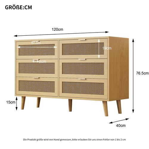 Commode En Bois Avec 6 Tiroirs En Rotin, Pieds En Bois, Poignées En Métal