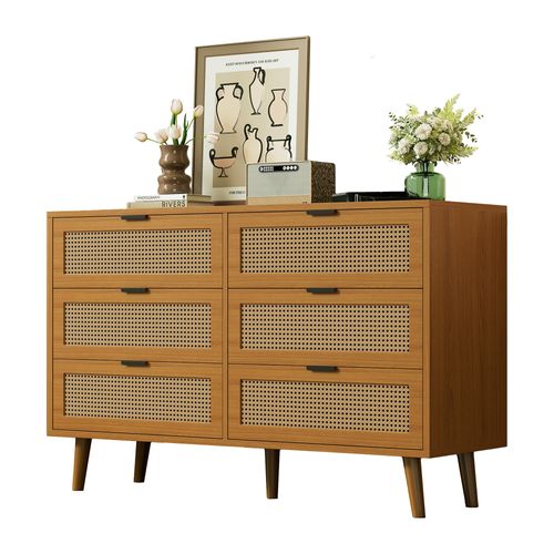 Commode En Bois Foncé à 6 Tiroirs De Rangement, Pieds En Bois, Poignées En Métal