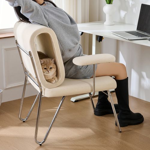 Chaise Beige Avec Niche Et Pompon Pour Chat, Accoudoir, Tissu Anti-griffes