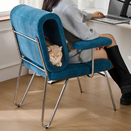 Chaise Bleu Avec Niche Et Pompon Pour Chat, Accoudoir, Tissu Anti-griffes