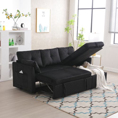 Canapé Angle Convertible,3 En 1,avec Rangement,poches Latérales,3 Places,mousse,velours,noir