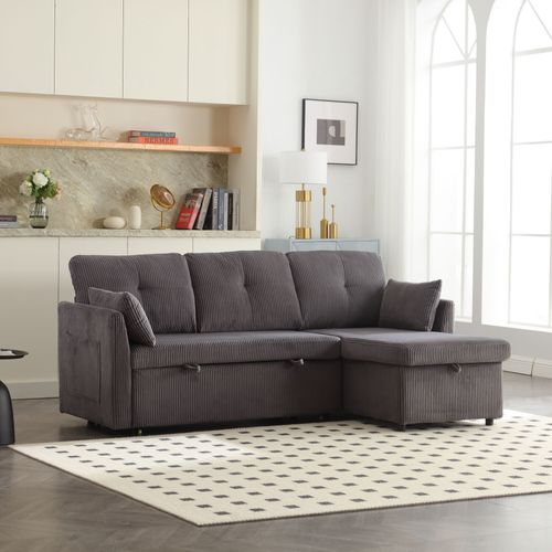 Canapé Angle Convertible,3 En 1,avec Rangement,poches Latérales,3 Places,mousse,velours,gris Foncé