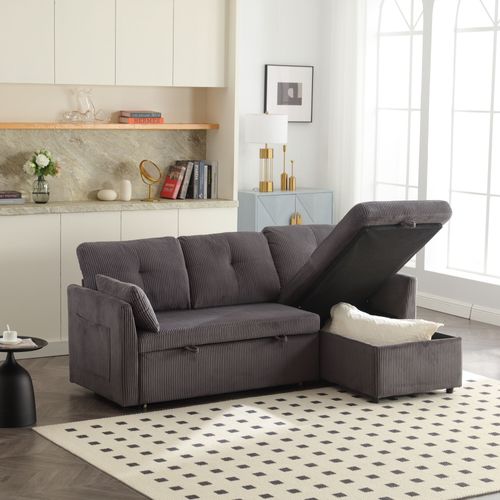 Canapé Angle Convertible,3 En 1,avec Rangement,poches Latérales,3 Places,mousse,velours,gris Foncé