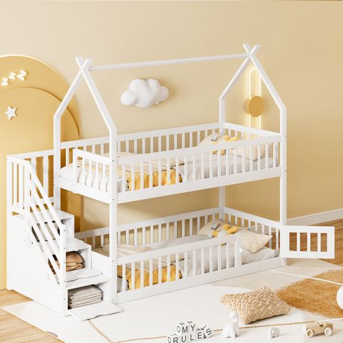 Lit Superposé 90x200 Cm Cabane Bois, Escalier De Rangement, Barrières Et Porte, Blanc