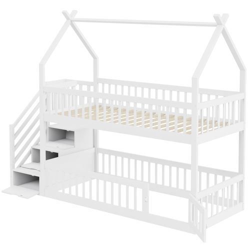 Lit Superposé 90x200 Cm Cabane Bois, Escalier De Rangement, Barrières Et Porte, Blanc