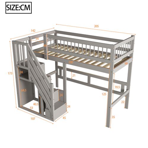 Lit Mezzanine Enfant 90x200 Cm En Bois Avec Escalier De Rangement, Placards, Gris