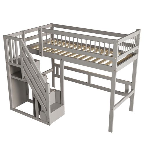 Lit Mezzanine Enfant 90x200 Cm En Bois Avec Escalier De Rangement, Placards, Gris