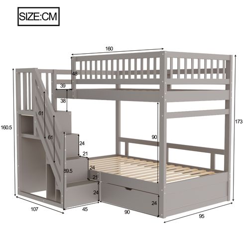 Lit Superposé Enfant 90x200 Cm En Bois, Tiroir, Escalier De Rangement, Sommier, Gris
