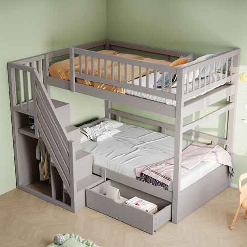 Lit Superposé Enfant 90x200 Cm En Bois, Tiroir, Escalier De Rangement, Sommier, Gris