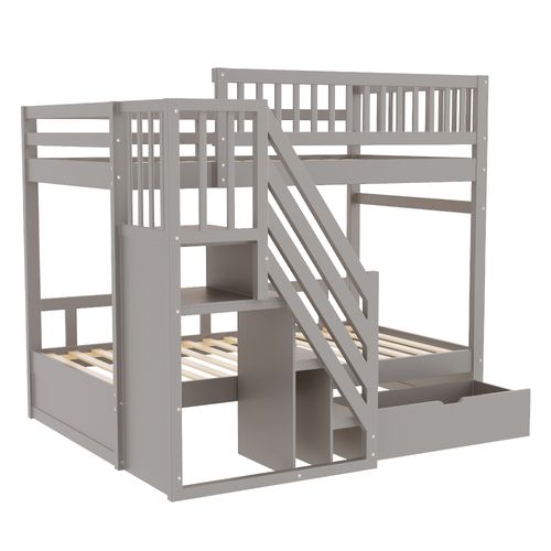 Lit Superposé Enfant 90x200 Cm En Bois, Tiroir, Escalier De Rangement, Sommier, Gris